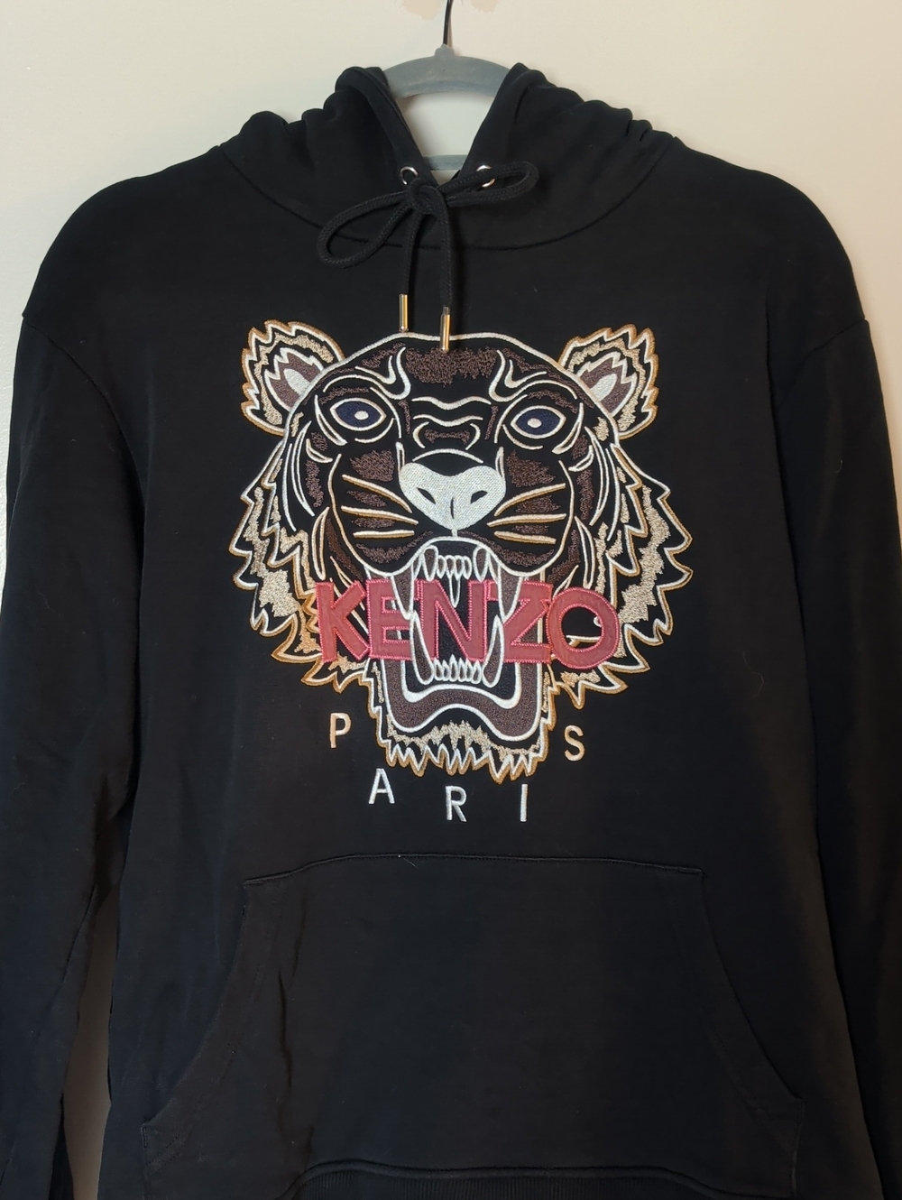 Kenzo Tiger Black Pull On Sweater Hoodie Ribbed, Pockets Men Women